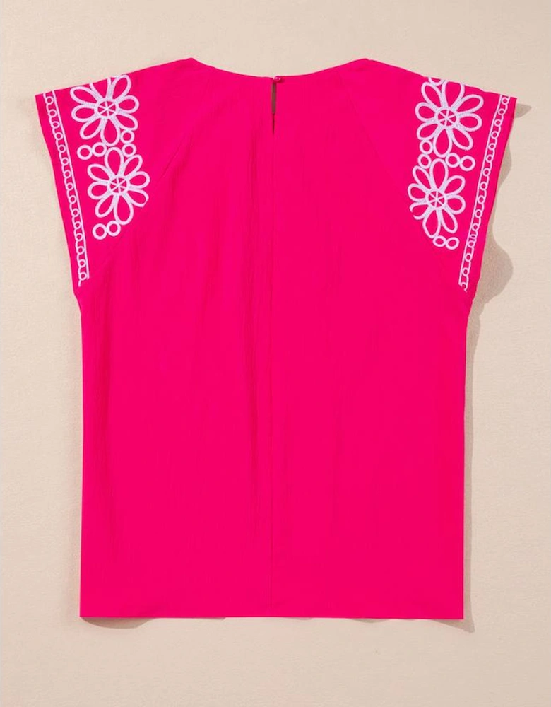 Strawberry Pink Floral Embroidered Flutter Sleeve Pleated O Neck Plus Size Blouse