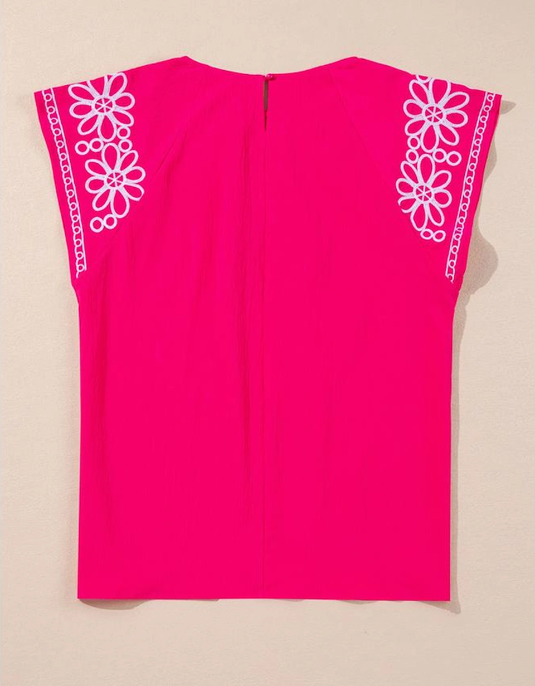 Strawberry Pink Floral Embroidered Flutter Sleeve Pleated O Neck Plus Size Blouse