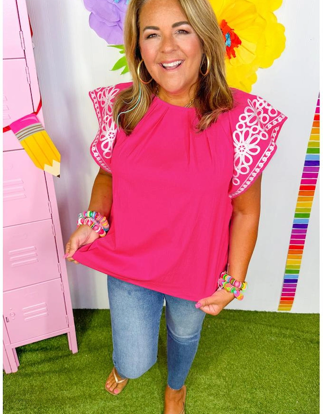 Strawberry Pink Floral Embroidered Flutter Sleeve Pleated O Neck Plus Size Blouse