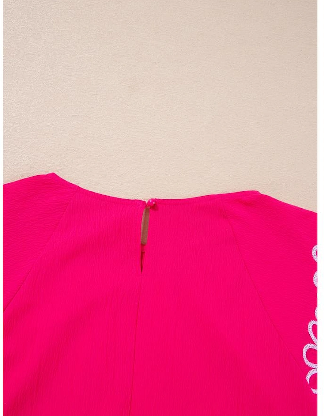 Strawberry Pink Floral Embroidered Flutter Sleeve Pleated O Neck Plus Size Blouse