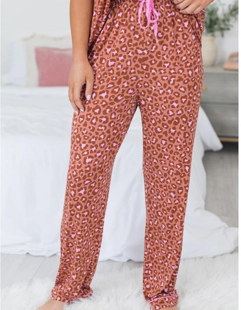 Brown Leopard Print Short Sleeve Shirt and Pants Pajamas Set