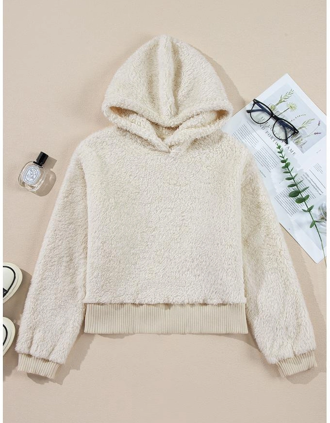 White Contrast Ribbed Edge Plush Hoodie
