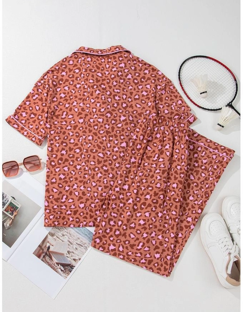 Brown Leopard Print Short Sleeve Shirt and Pants Pajamas Set