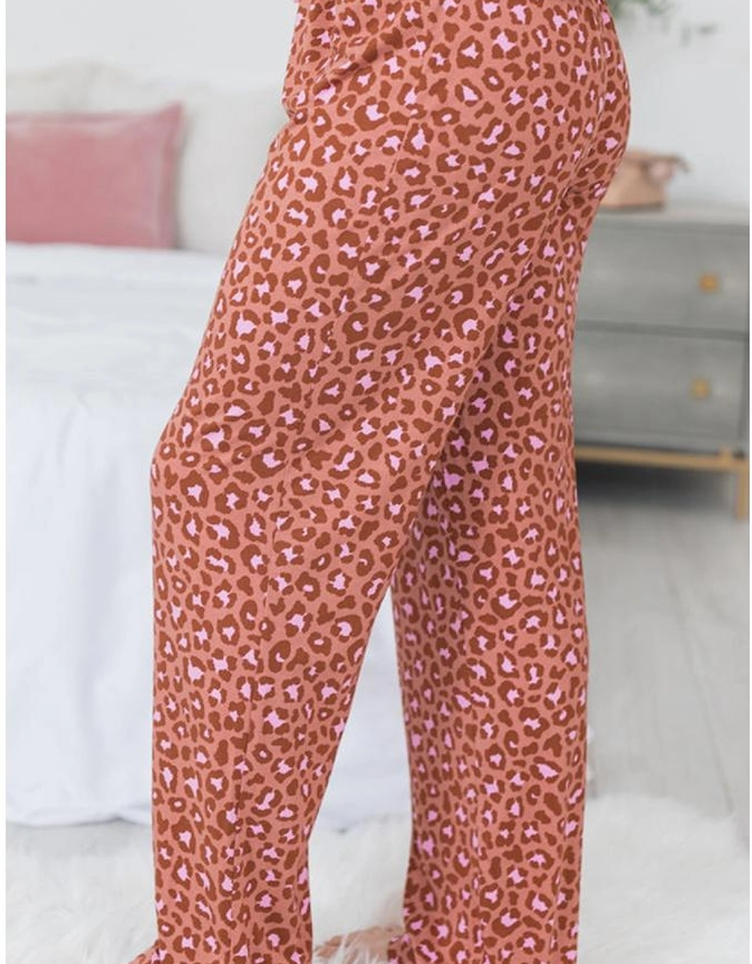 Brown Leopard Print Short Sleeve Shirt and Pants Pajamas Set