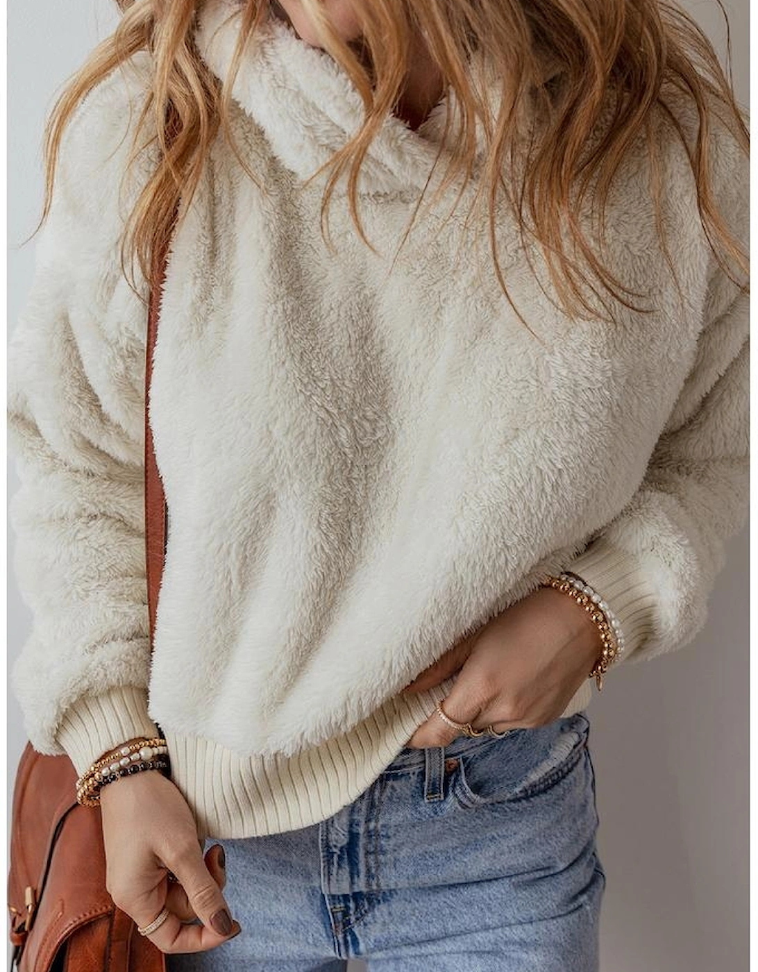 White Contrast Ribbed Edge Plush Hoodie