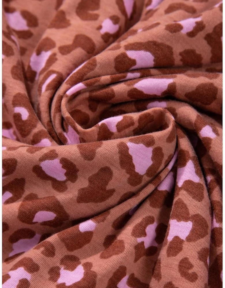 Brown Leopard Print Short Sleeve Shirt and Pants Pajamas Set