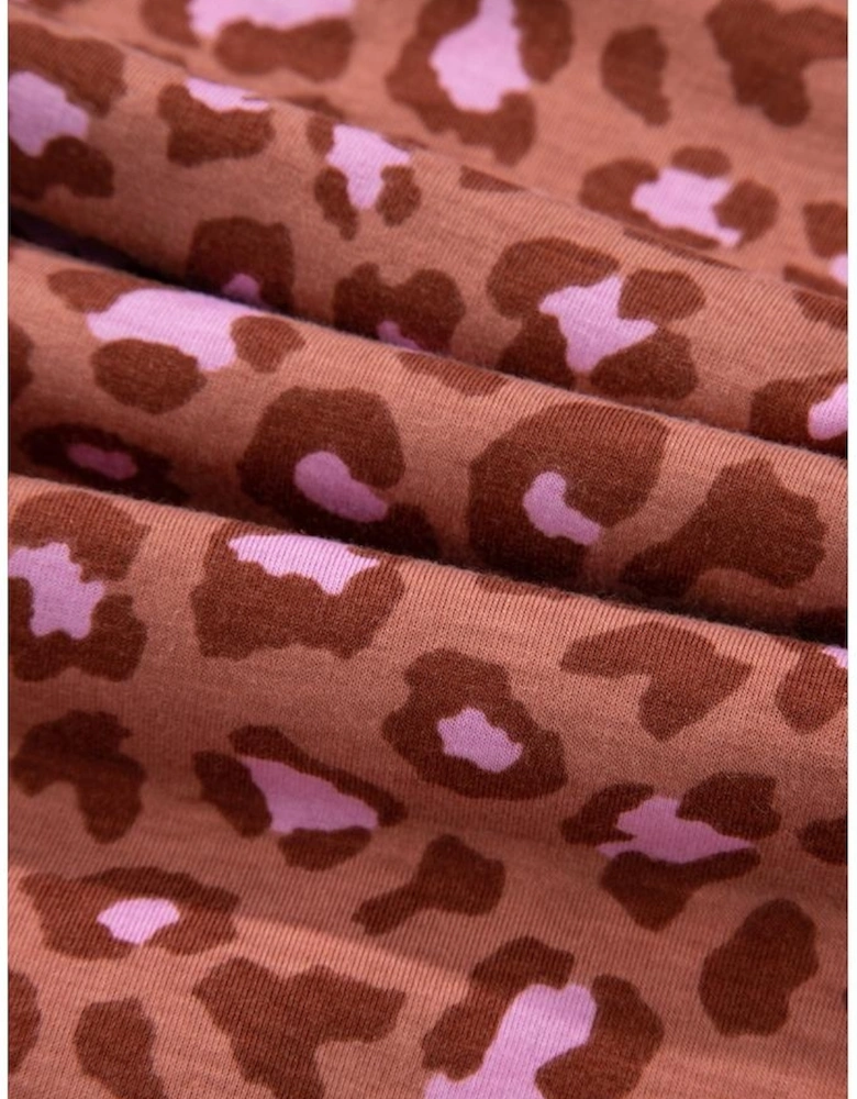 Brown Leopard Print Short Sleeve Shirt and Pants Pajamas Set