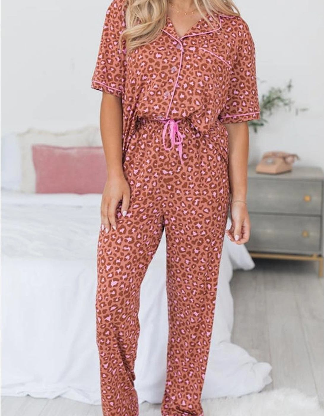 Brown Leopard Print Short Sleeve Shirt and Pants Pajamas Set, 15 of 14