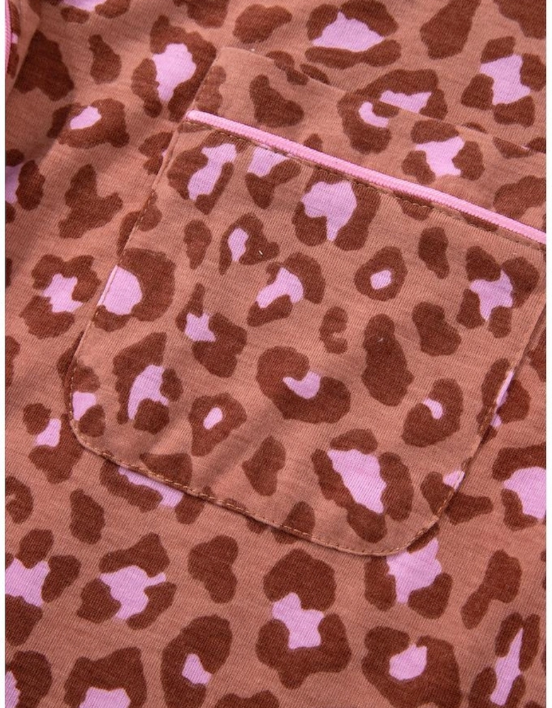 Brown Leopard Print Short Sleeve Shirt and Pants Pajamas Set