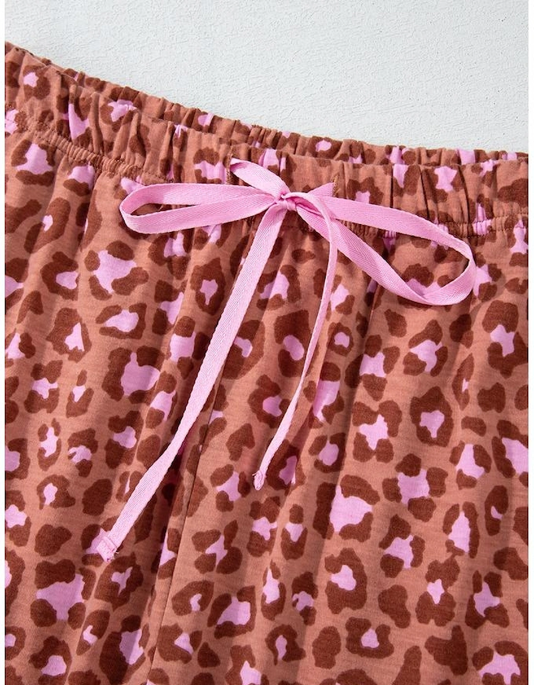 Brown Leopard Print Short Sleeve Shirt and Pants Pajamas Set