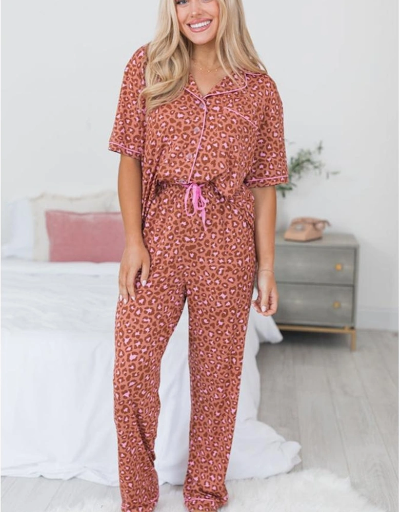 Brown Leopard Print Short Sleeve Shirt and Pants Pajamas Set