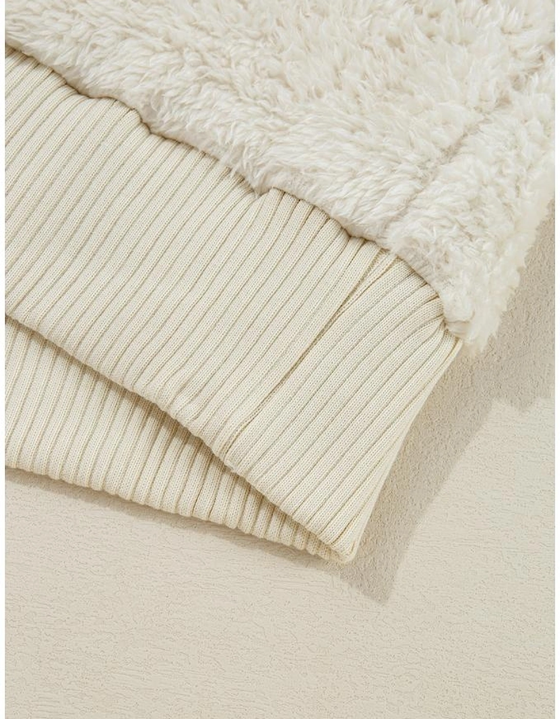 White Contrast Ribbed Edge Plush Hoodie