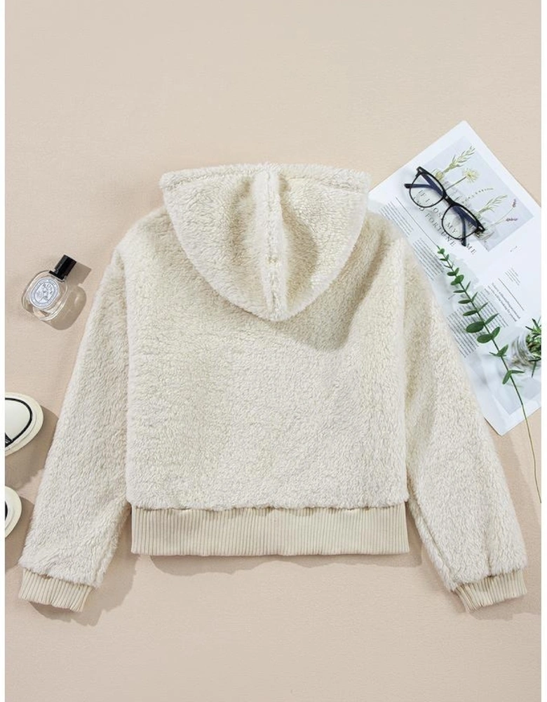 White Contrast Ribbed Edge Plush Hoodie