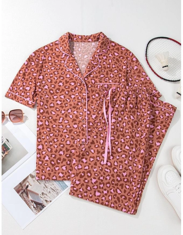 Brown Leopard Print Short Sleeve Shirt and Pants Pajamas Set