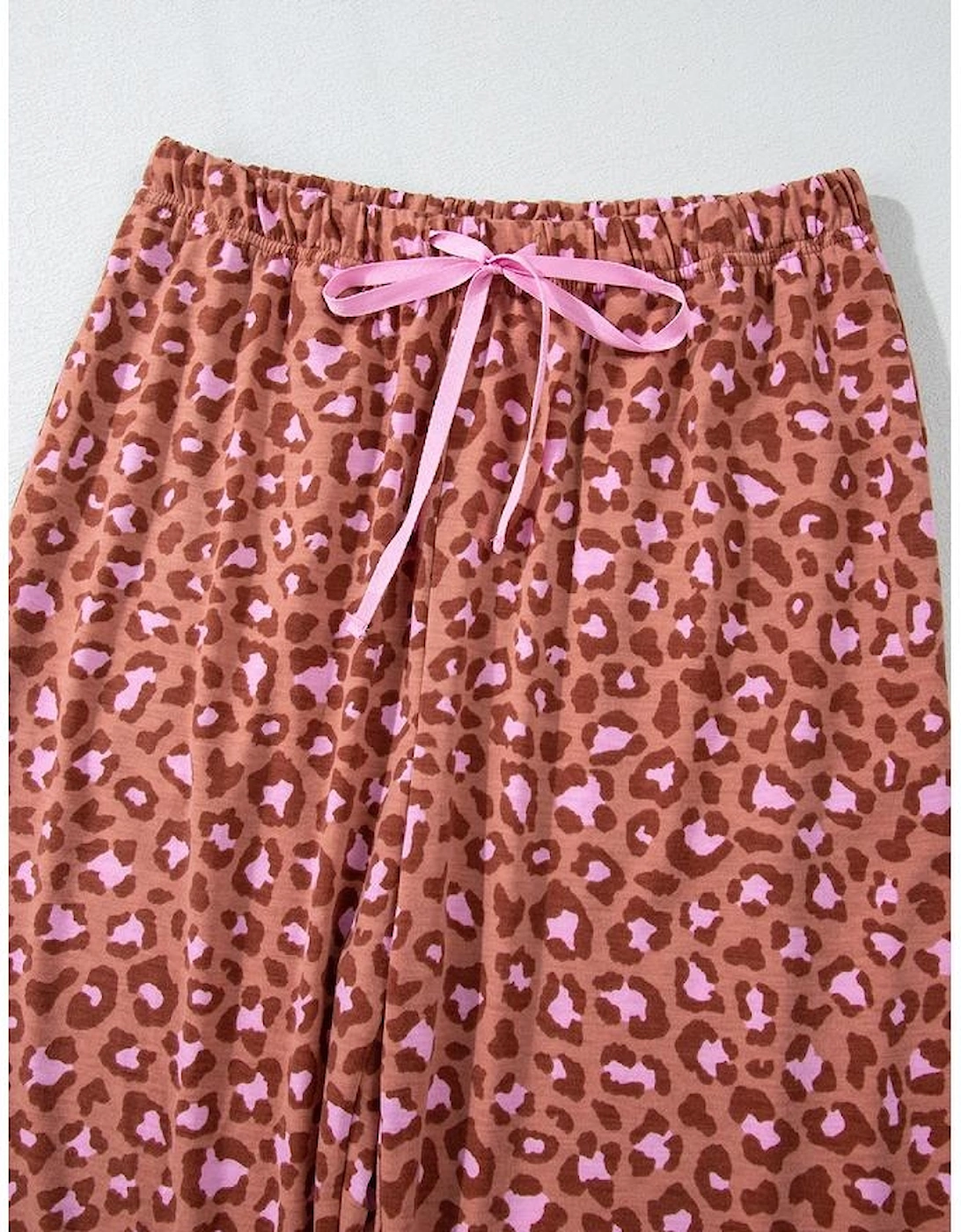 Brown Leopard Print Short Sleeve Shirt and Pants Pajamas Set