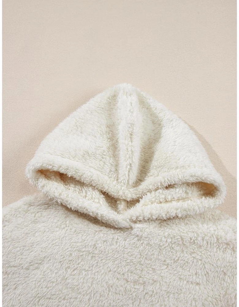 White Contrast Ribbed Edge Plush Hoodie