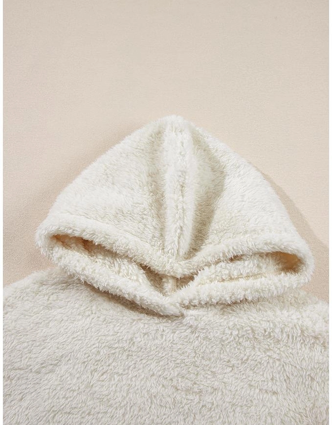 White Contrast Ribbed Edge Plush Hoodie