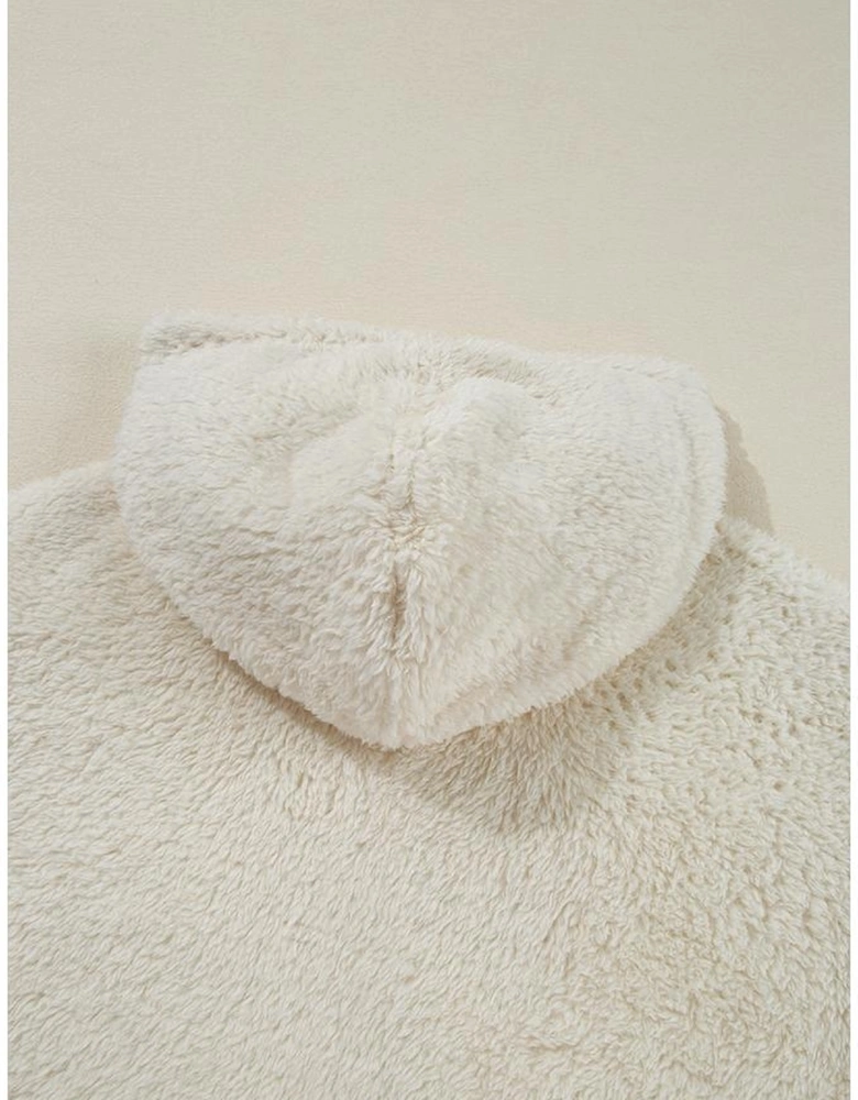 White Contrast Ribbed Edge Plush Hoodie