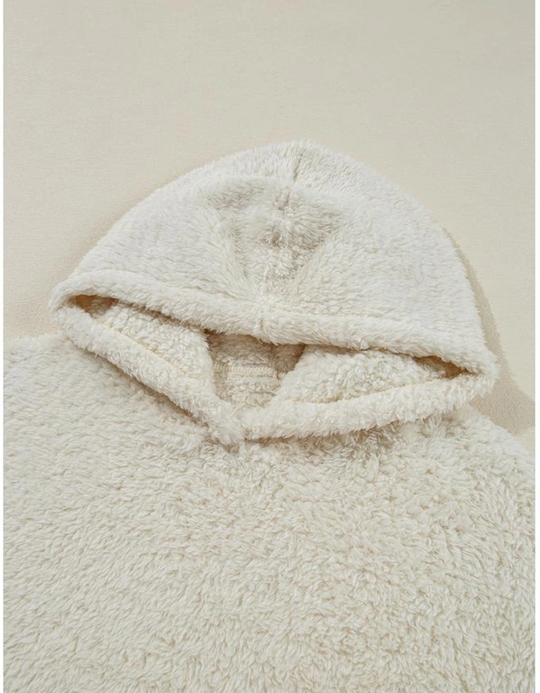 White Contrast Ribbed Edge Plush Hoodie