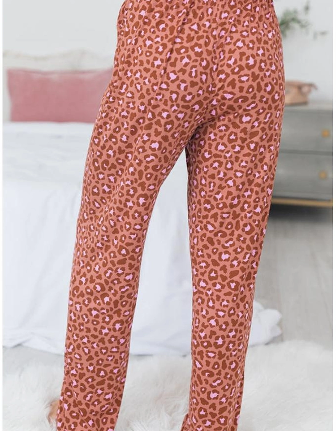 Brown Leopard Print Short Sleeve Shirt and Pants Pajamas Set