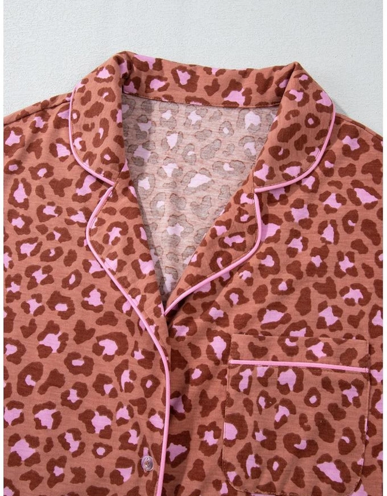 Brown Leopard Print Short Sleeve Shirt and Pants Pajamas Set