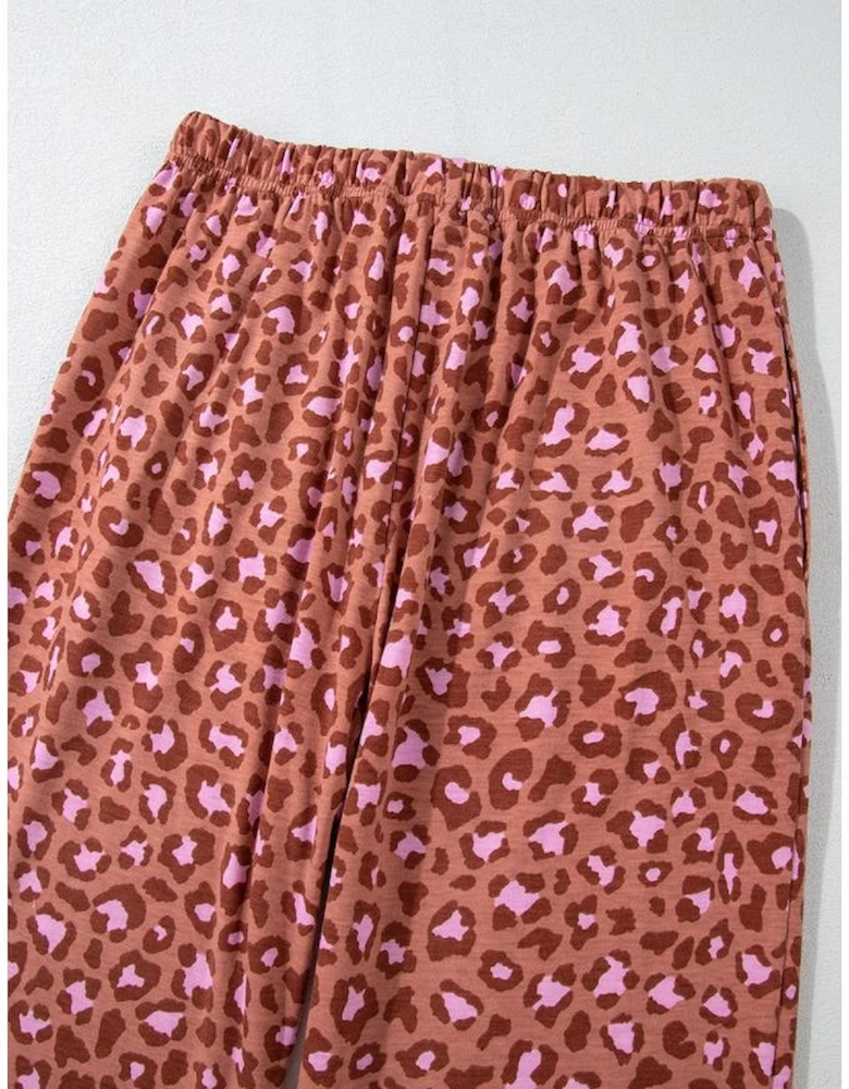 Brown Leopard Print Short Sleeve Shirt and Pants Pajamas Set