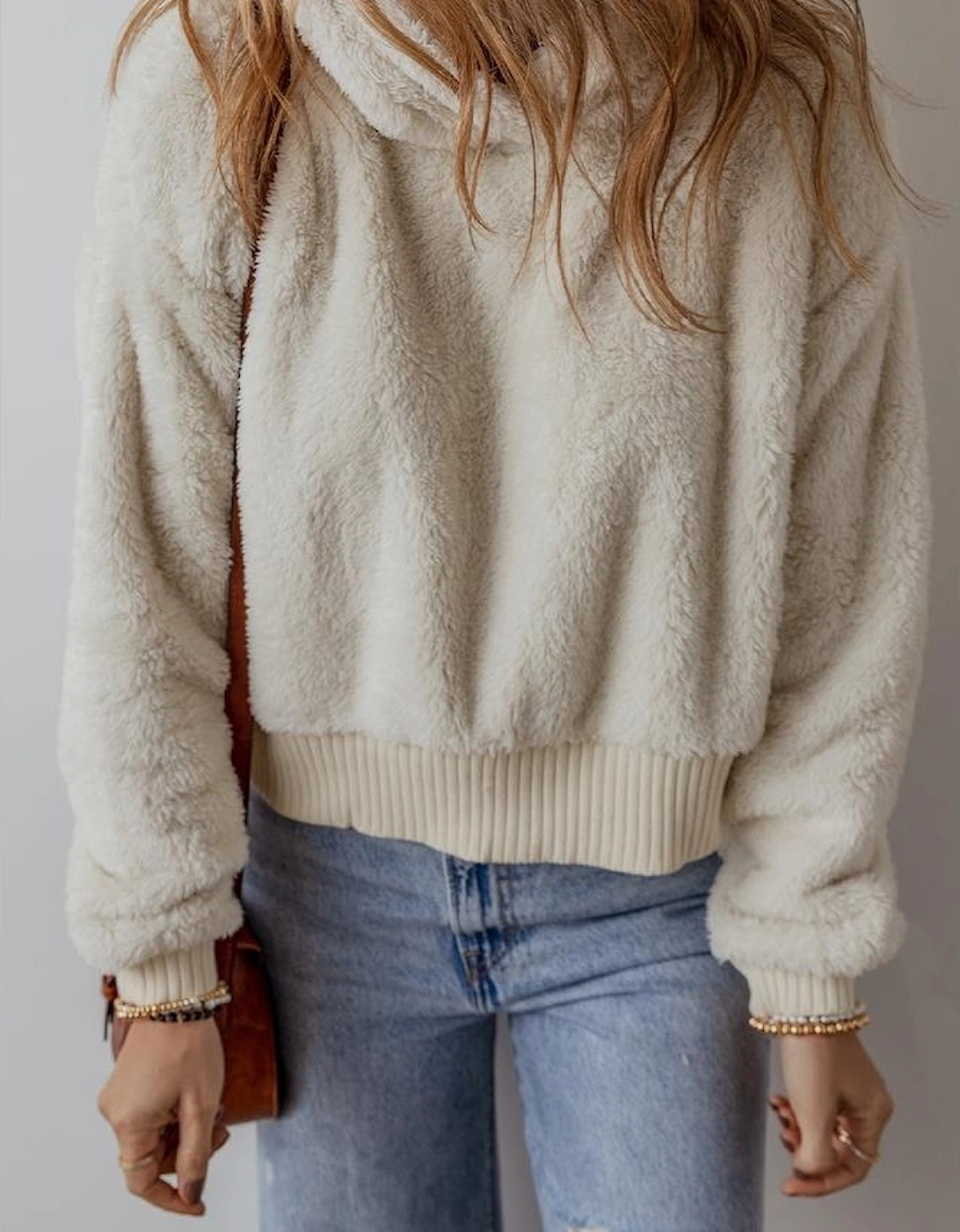 White Contrast Ribbed Edge Plush Hoodie