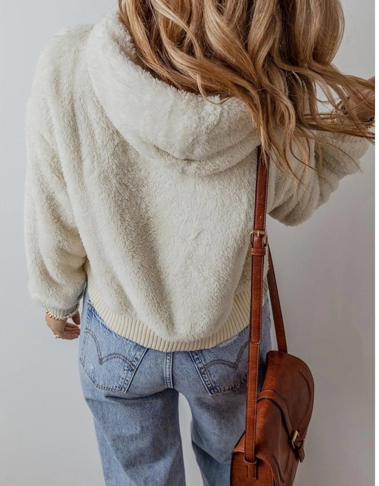 White Contrast Ribbed Edge Plush Hoodie