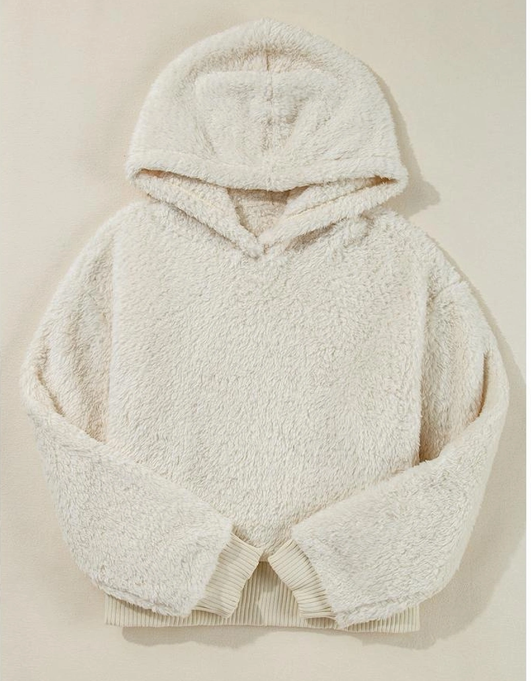 White Contrast Ribbed Edge Plush Hoodie