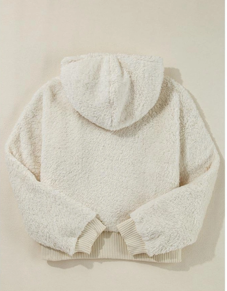 White Contrast Ribbed Edge Plush Hoodie