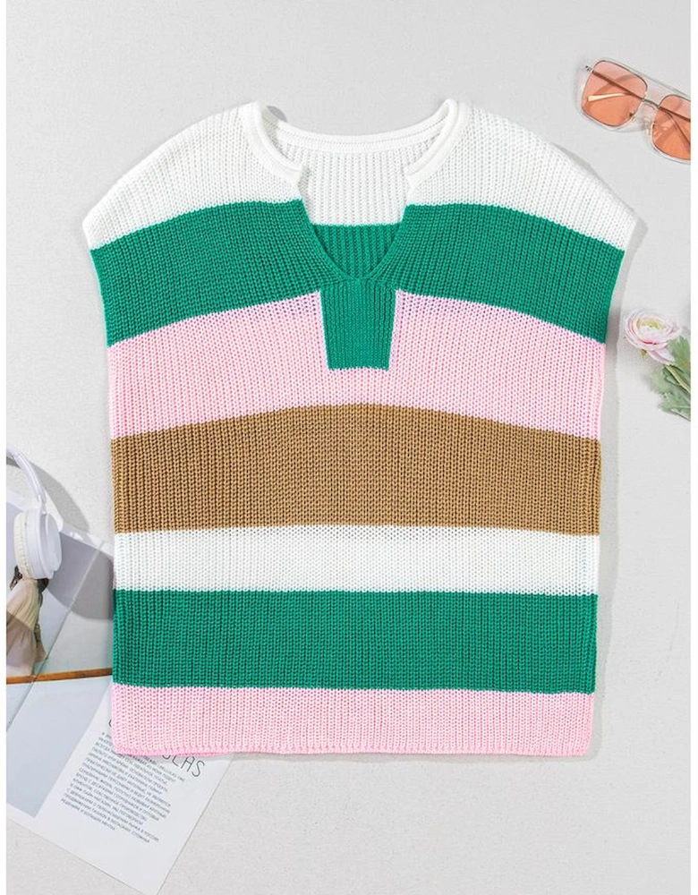 Multicolour Color Block Notch V Neck Sweater T Shirt