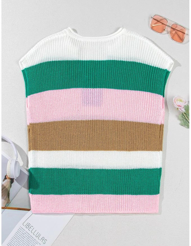 Multicolour Color Block Notch V Neck Sweater T Shirt