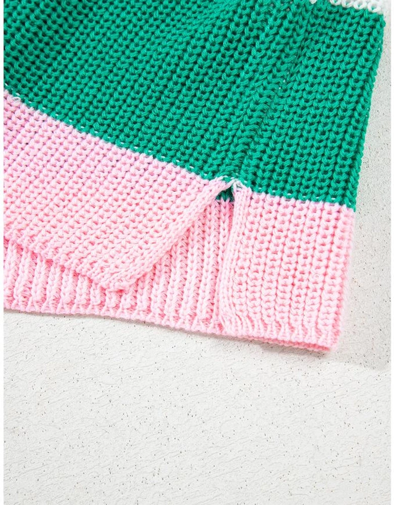 Multicolour Color Block Notch V Neck Sweater T Shirt