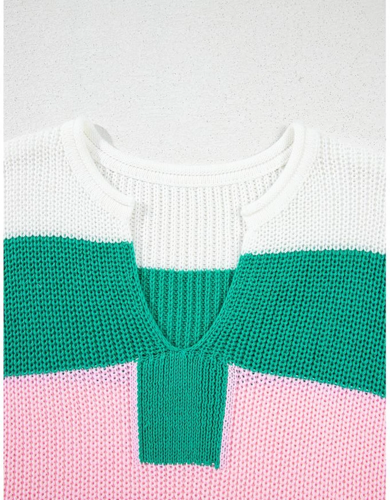 Multicolour Color Block Notch V Neck Sweater T Shirt