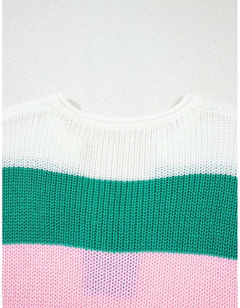 Multicolour Color Block Notch V Neck Sweater T Shirt