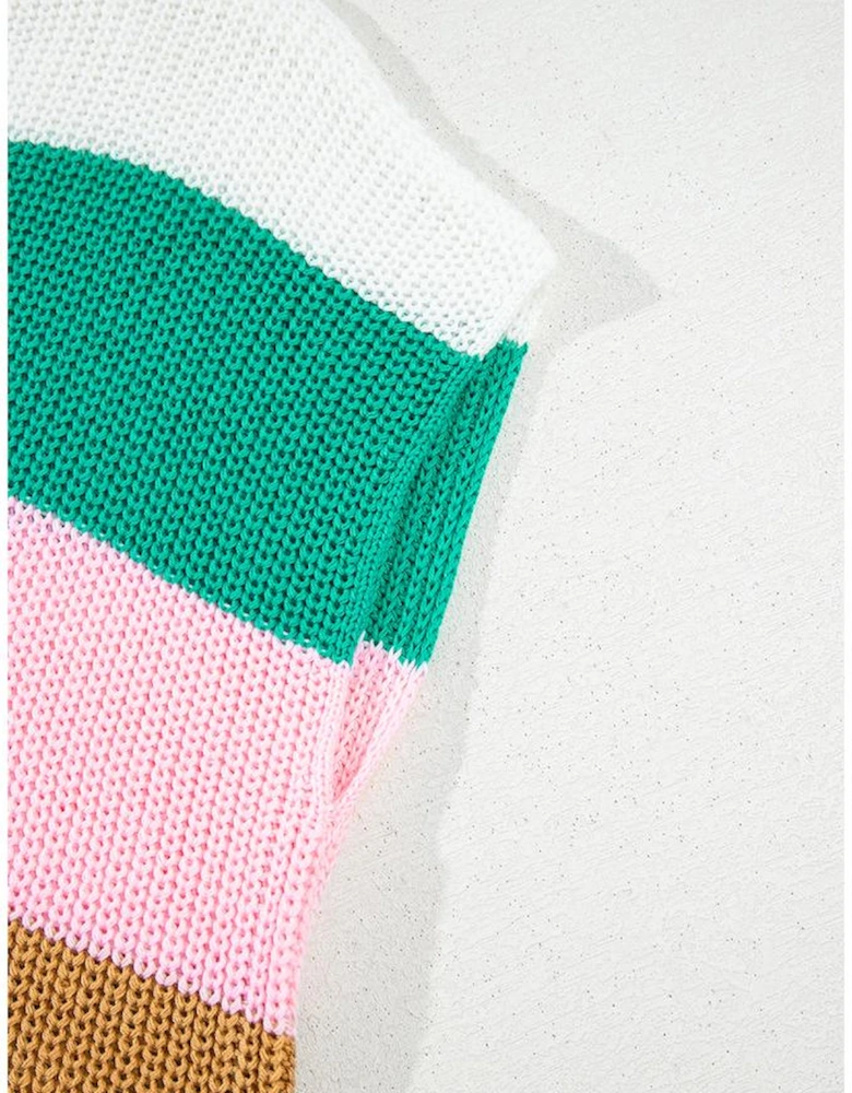 Multicolour Color Block Notch V Neck Sweater T Shirt