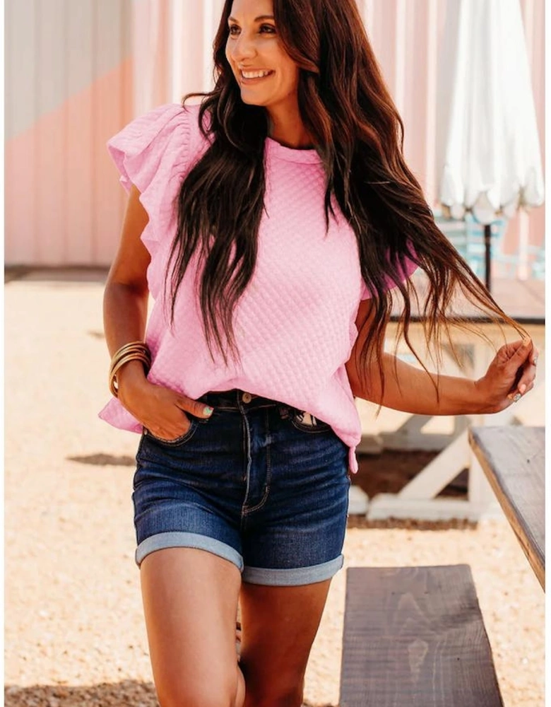 Pink Textured Ruffle Short Sleeve Pullover Top