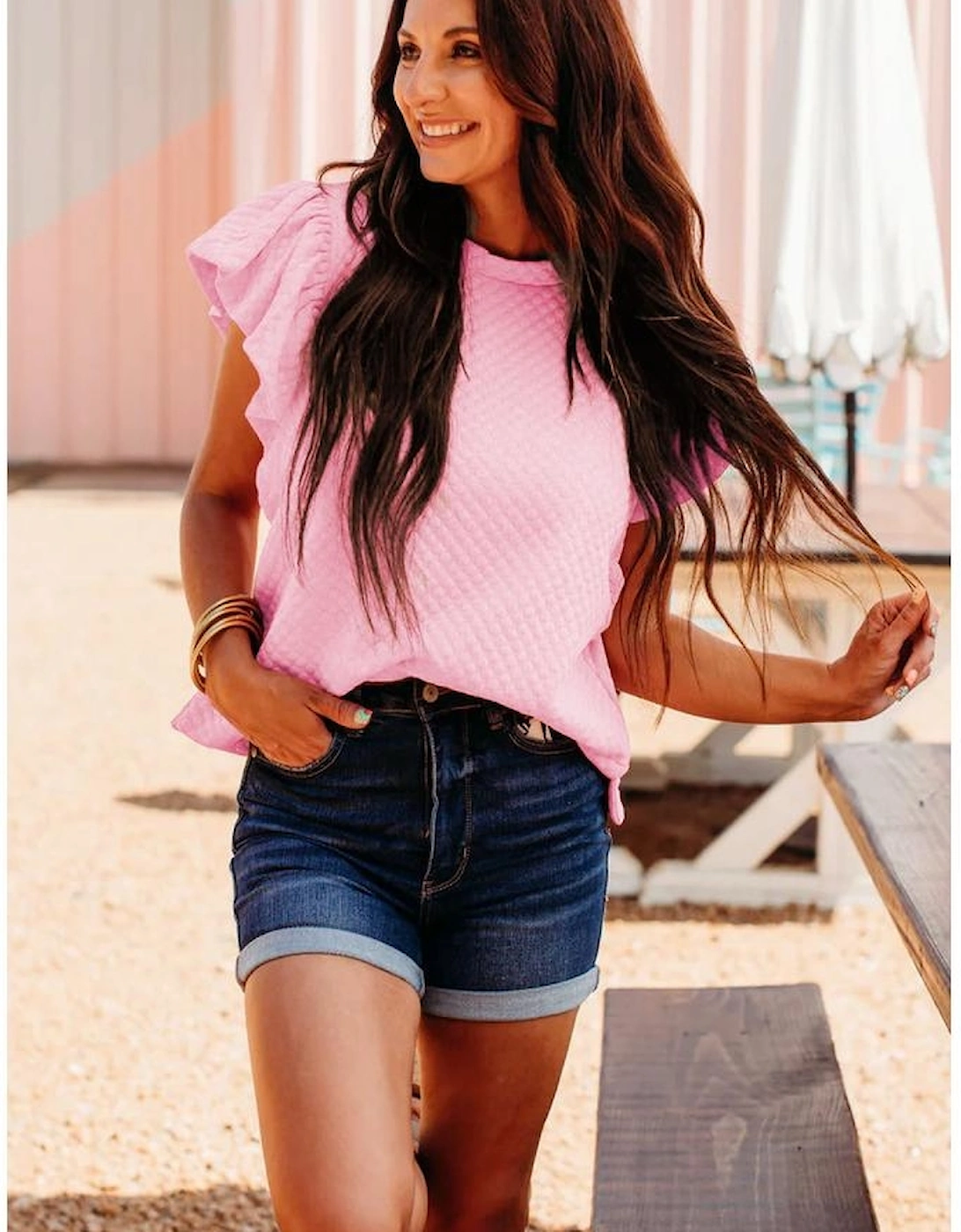Pink Textured Ruffle Short Sleeve Pullover Top