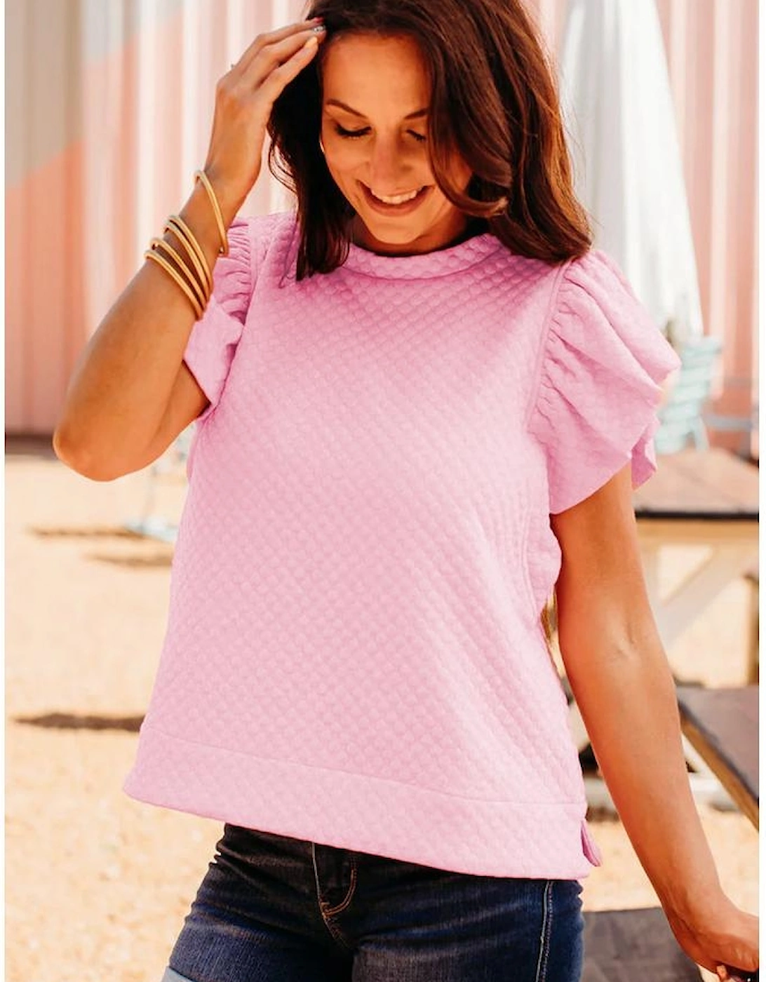Pink Textured Ruffle Short Sleeve Pullover Top