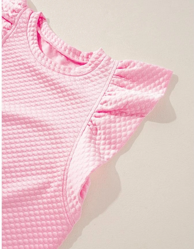Pink Textured Ruffle Short Sleeve Pullover Top