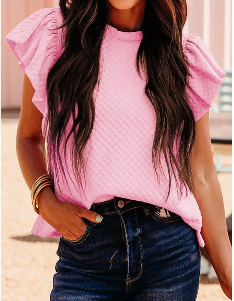 Pink Textured Ruffle Short Sleeve Pullover Top