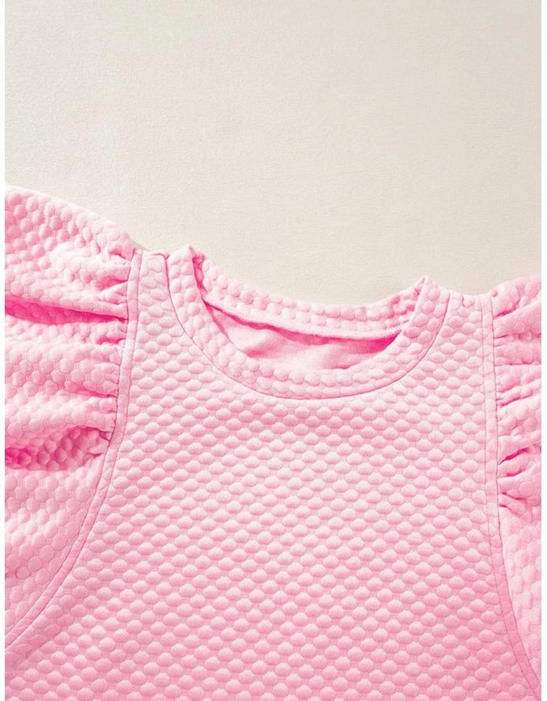 Pink Textured Ruffle Short Sleeve Pullover Top