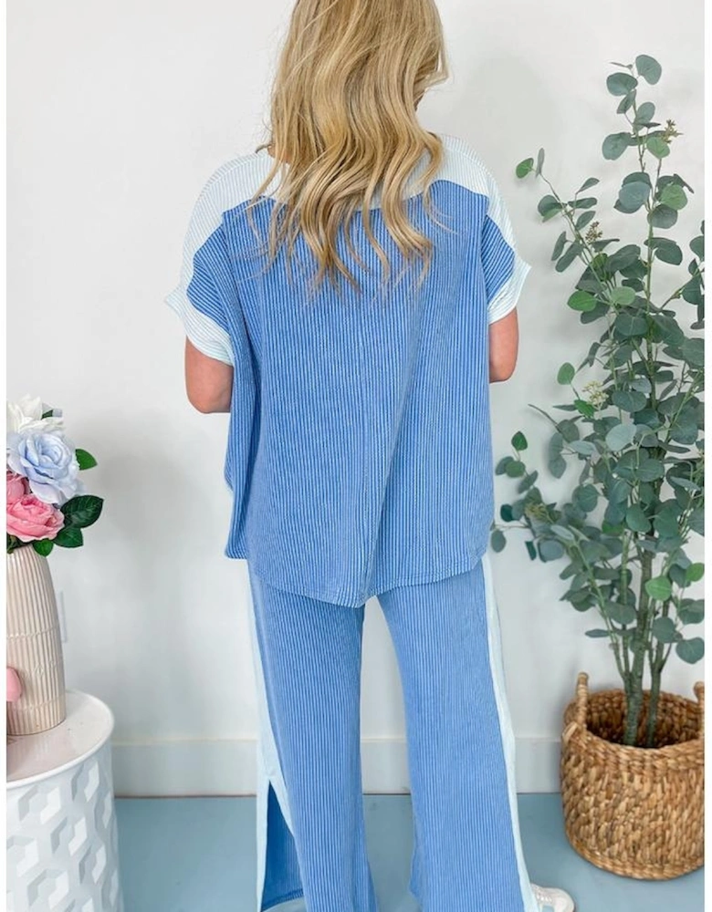 Sky Blue 2-tone Colorblock Patchwork Corded 2pcs Outfit