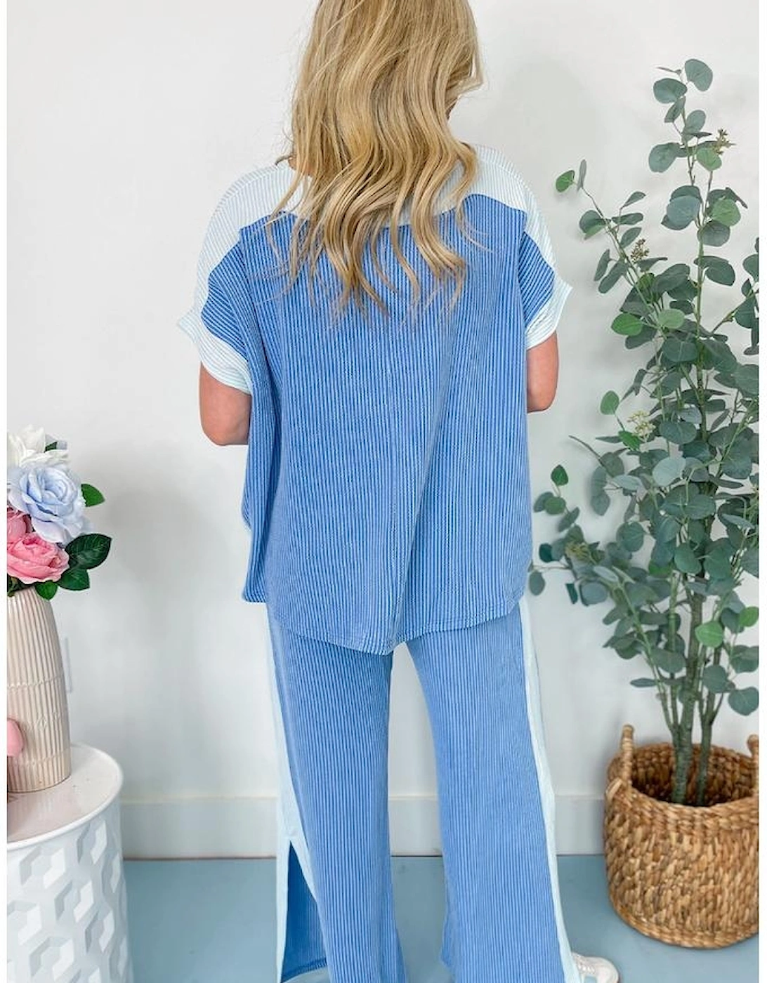 Sky Blue 2-tone Colorblock Patchwork Corded 2pcs Outfit, 8 of 7