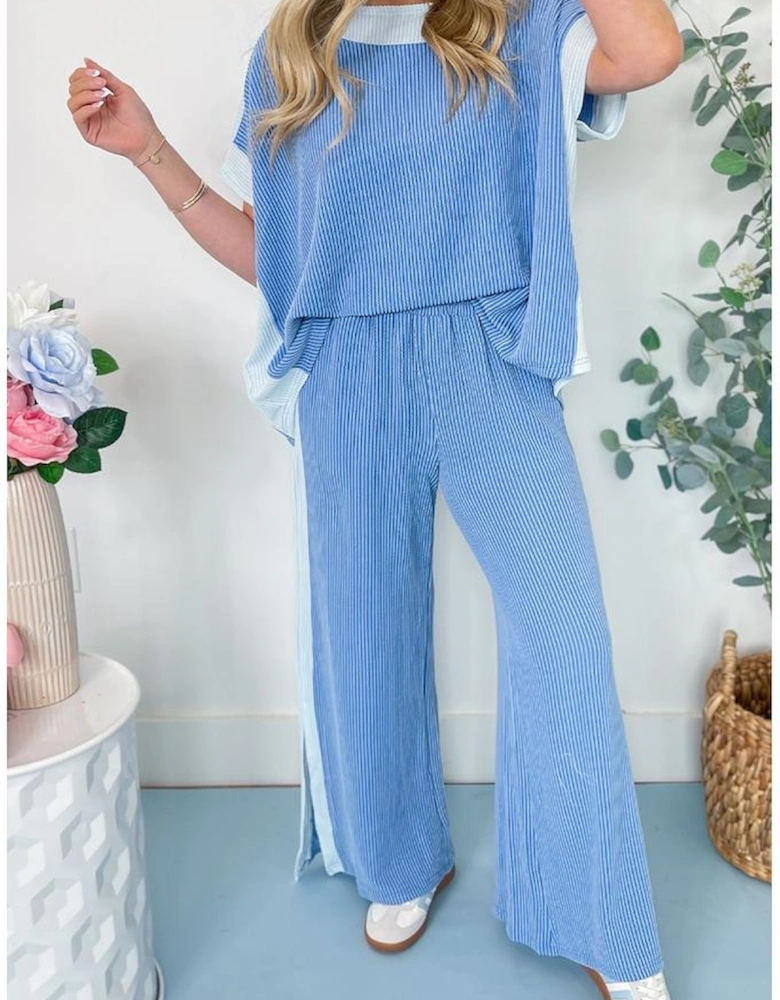 Sky Blue 2-tone Colorblock Patchwork Corded 2pcs Outfit