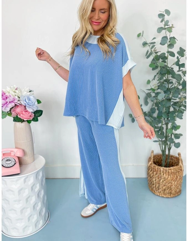 Sky Blue 2-tone Colorblock Patchwork Corded 2pcs Outfit