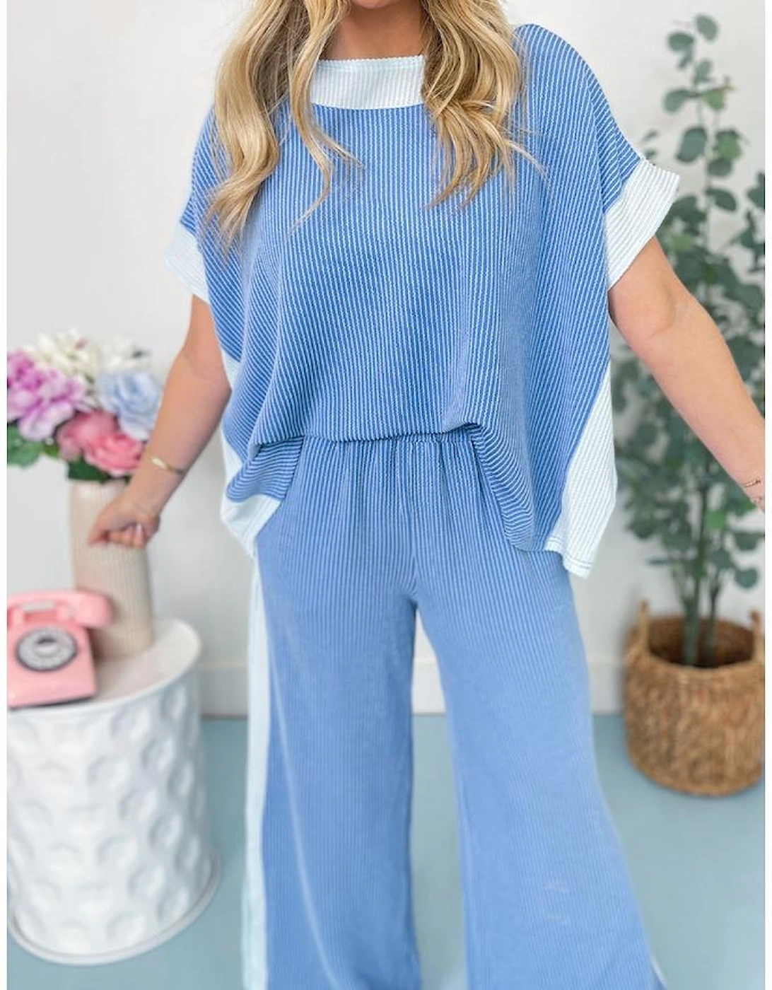 Sky Blue 2-tone Colorblock Patchwork Corded 2pcs Outfit