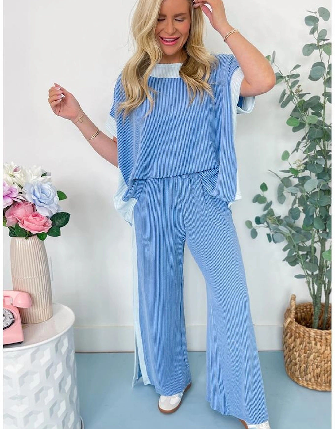 Sky Blue 2-tone Colorblock Patchwork Corded 2pcs Outfit