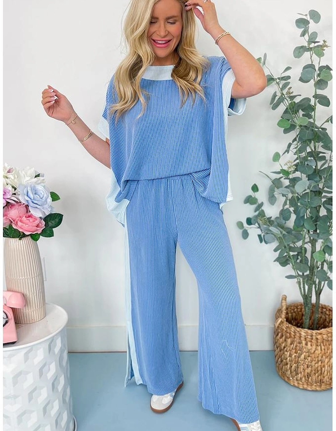 Sky Blue 2-tone Colorblock Patchwork Corded 2pcs Outfit