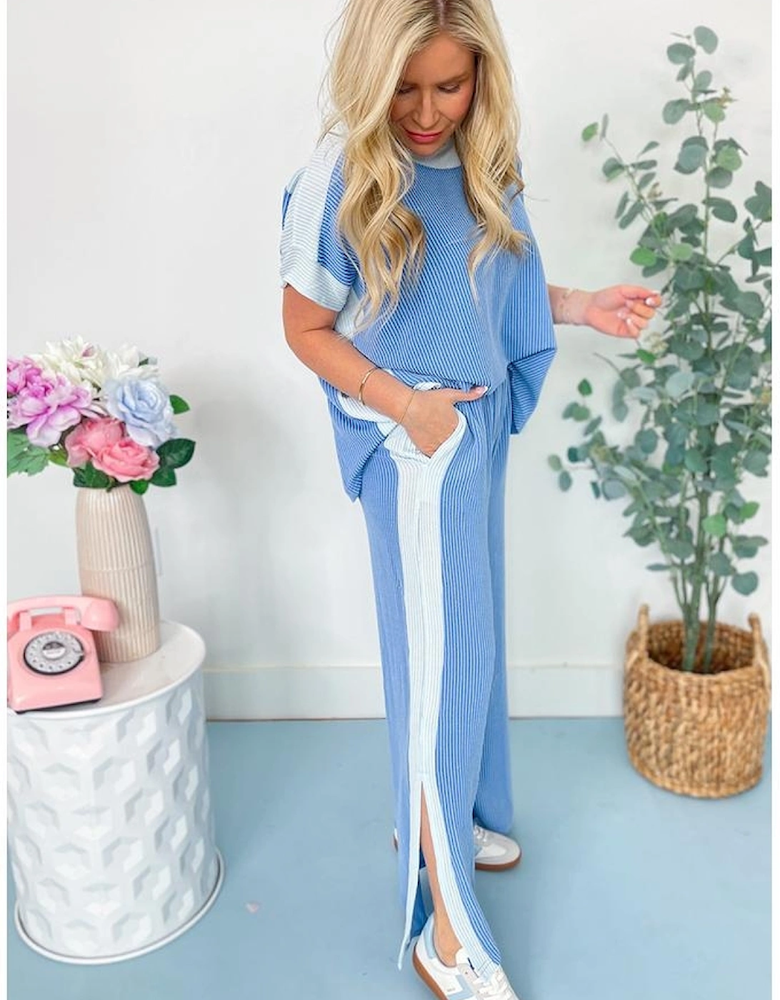 Sky Blue 2-tone Colorblock Patchwork Corded 2pcs Outfit